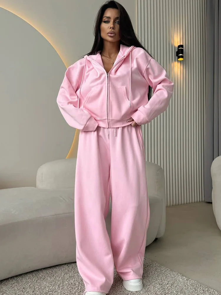 FSMG Casual Hooded Zippers Sweatshirts Pants Set Long Sleeved Cardigan Lace-up Sportswear Two Pieces Set Female Tracksuit Suit