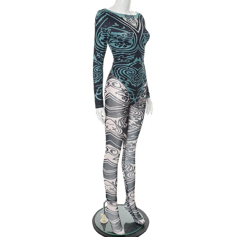 Joskaa 2025 Women's Abstract Print Two Piece Set Sexy Round Neck Long Sleeve Bodysuit + Skinny Pants Matching Y2K Streetwear
