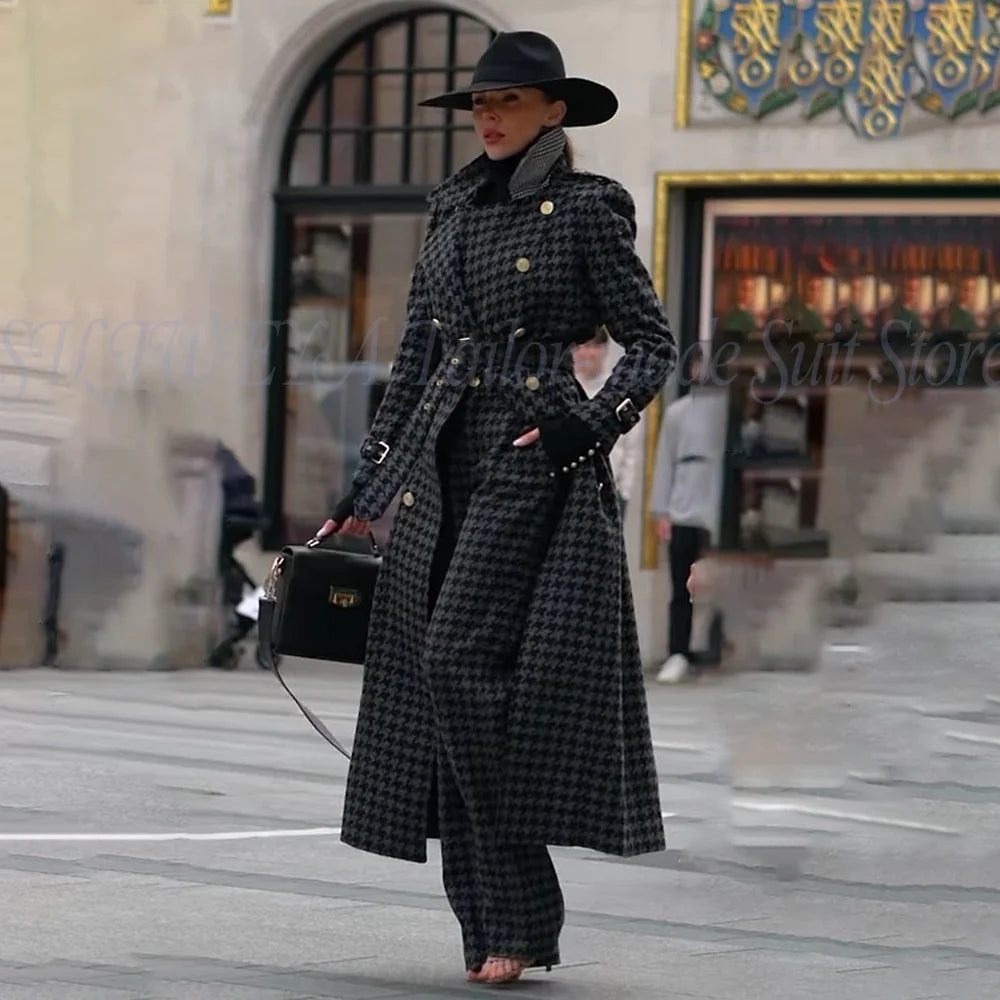 Luxury Houndstooth 2 Pieces Jacket Pants For Women Long Coat Female Suit High-end Party Blazer Set Trajes De Mujer Elegante