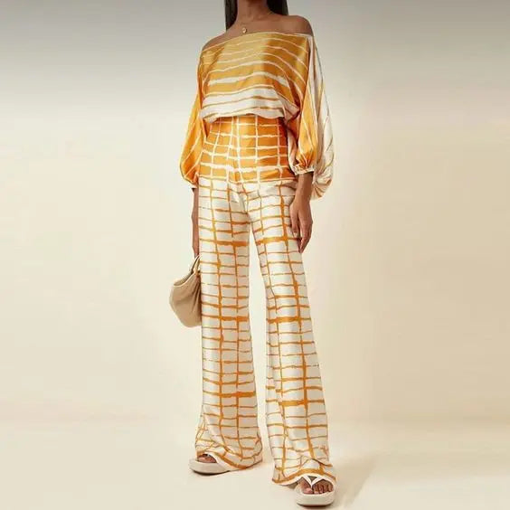 CM.YAYA Women Set Full Batwing Sleeve Slash Neck print Top + Wide Leg Pants Summer Street Two 2 Piece Sets Sexy Outfit Tracksuit