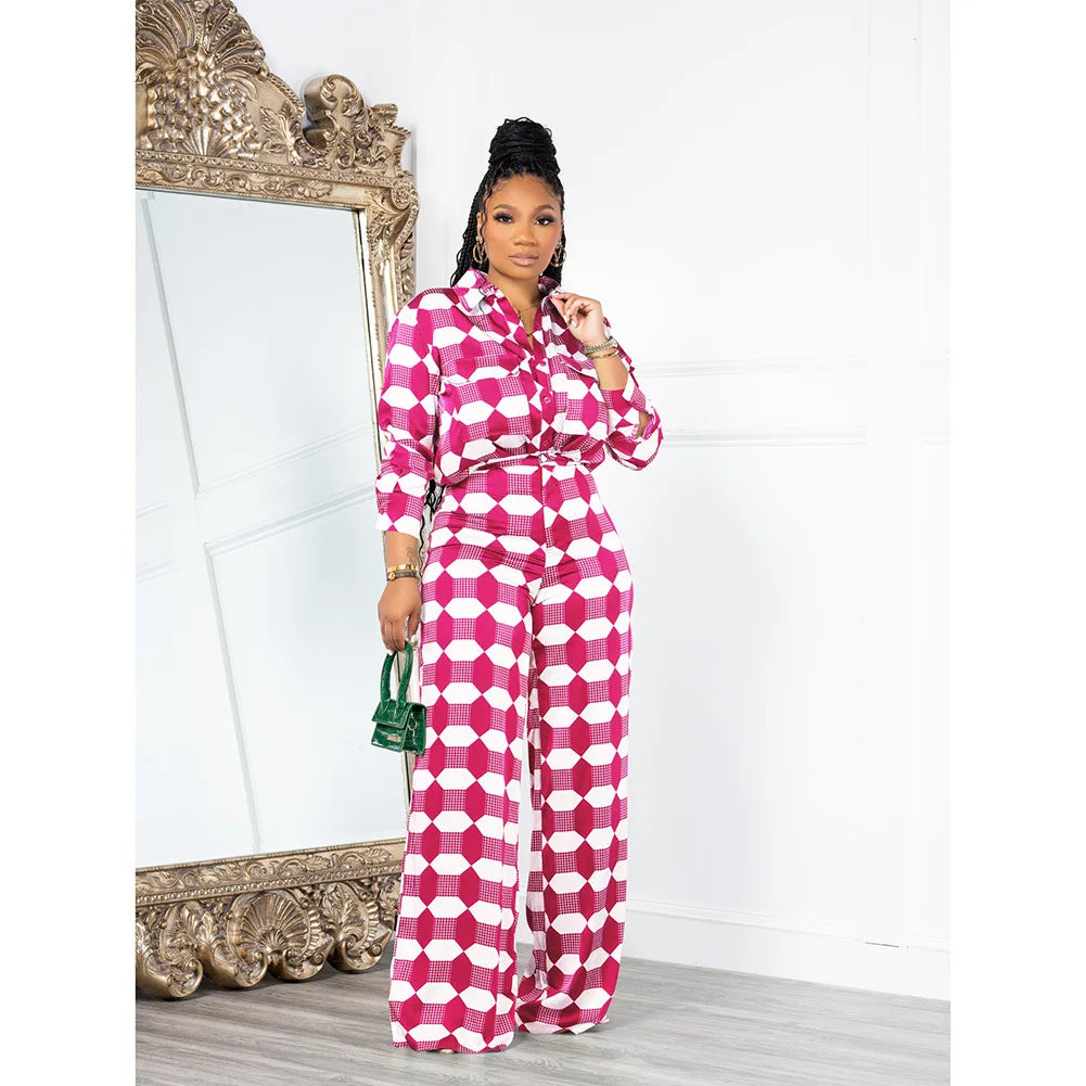 Two Pieces Shirt Sets Women Casual Matching Suits Geometric Print Loose Long Sleeves Wide Leg Pants Elegant Office Lady Autumn