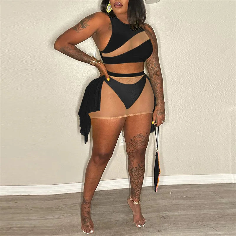Sexy Mesh See-through Patchwork 2 Piece Sets Women Outfit Festival Clothing Tank Crop Top and Mini Skirt Set Night Club Outfits