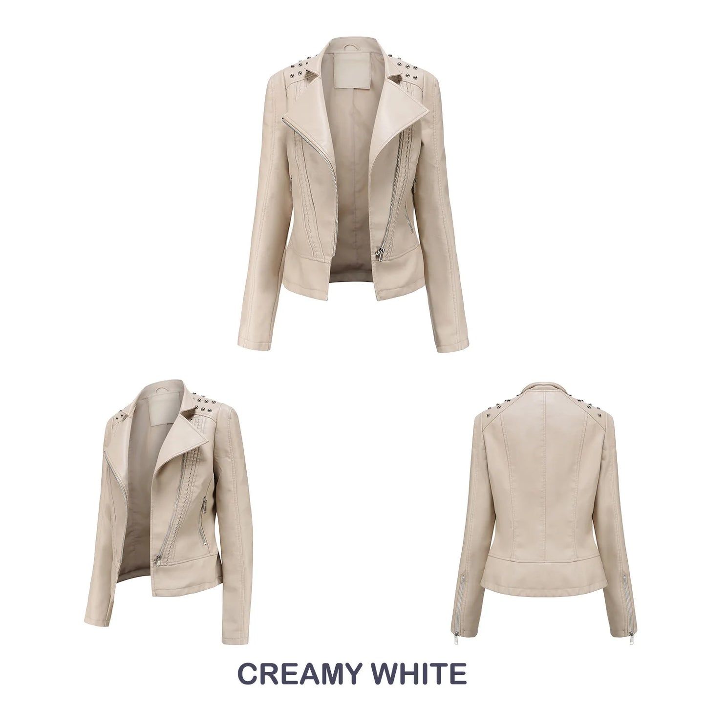 Women's Punk Rivet Leather Jacket Spring Autumn Retro Turndown Collar Slim Casual Ladies Faux Soft Leather Moto Biker Outerwear