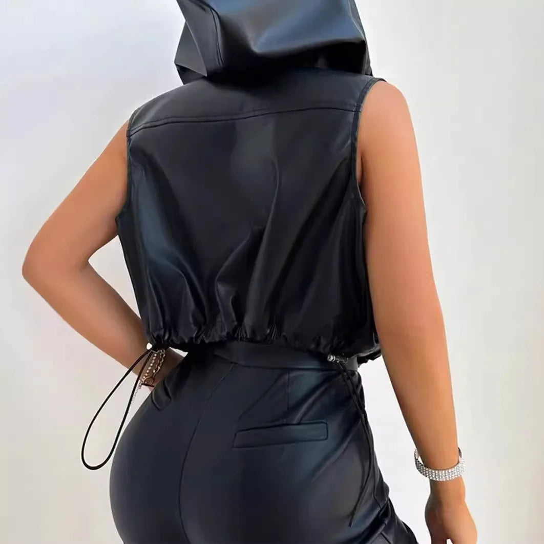 European and American fashion women's draw rope with hat three-dimensional pocket zipper PU leather vest for women