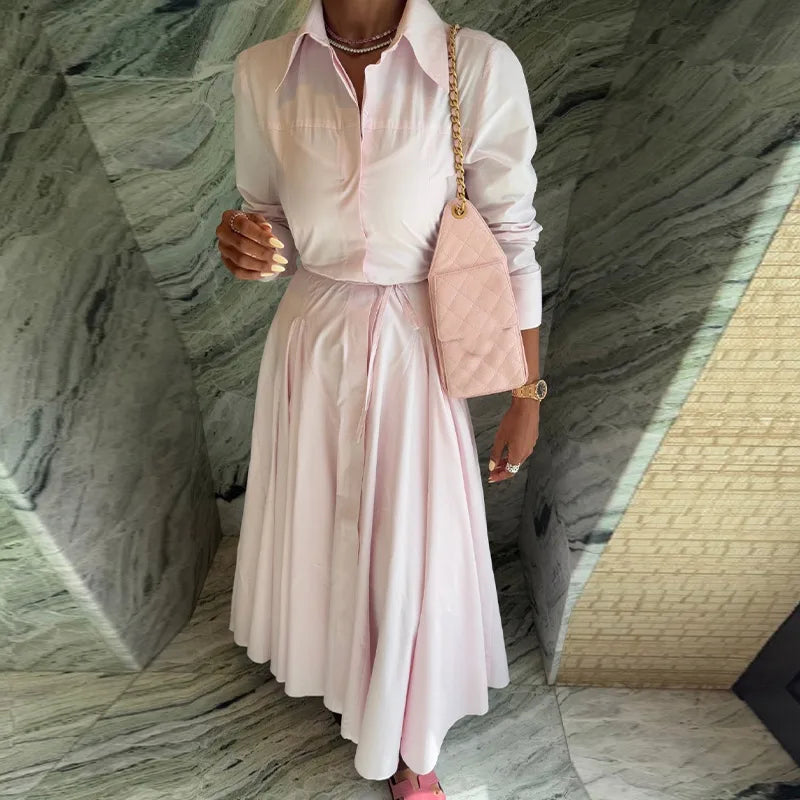 Solid Women's Casual Pleated Long Dress Fashion Lapel Full Sleeve Button Maxi Dress Lady 2025 Early Autumn Chic Street Robes