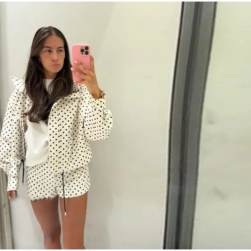 Loose Polka Dot Zipper Women's Shorts Set Stand Collar Patchwork Full Sleeve Pockets Jacket Tie Up Short Pant Suit Summer Outfit