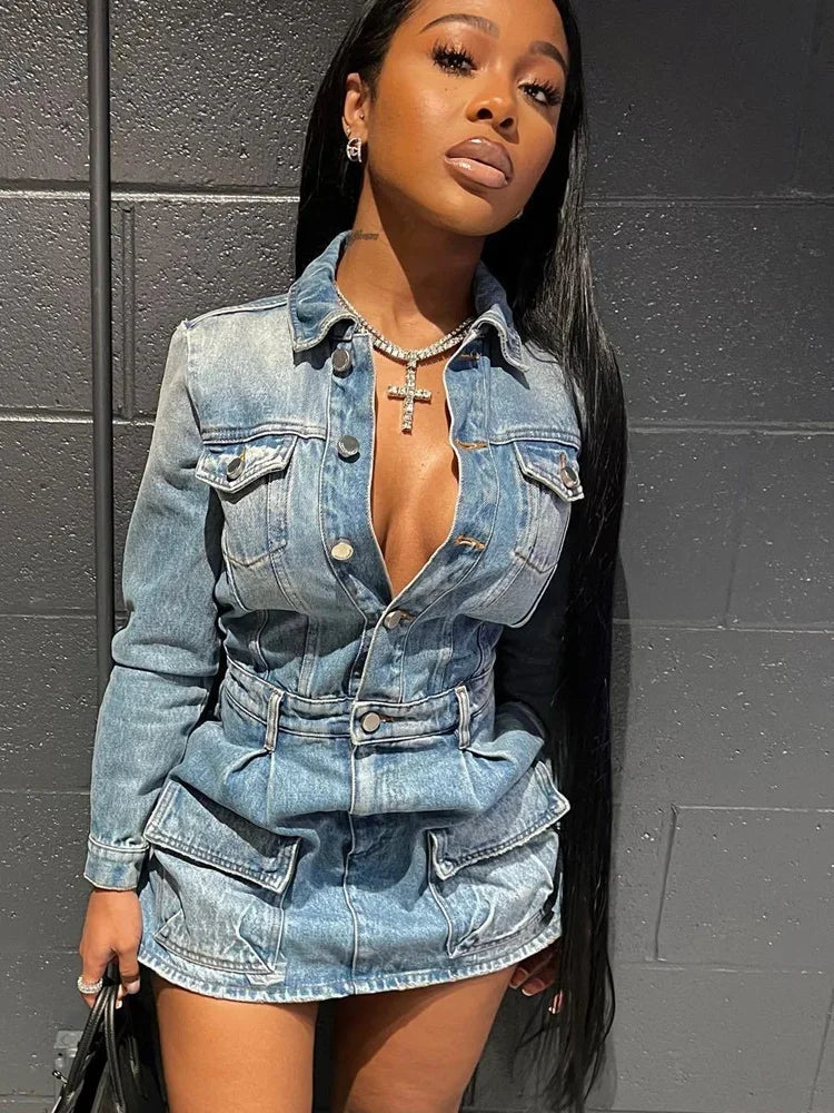 Trendy Chic Lapel Button Denim Three Piece Set for Women