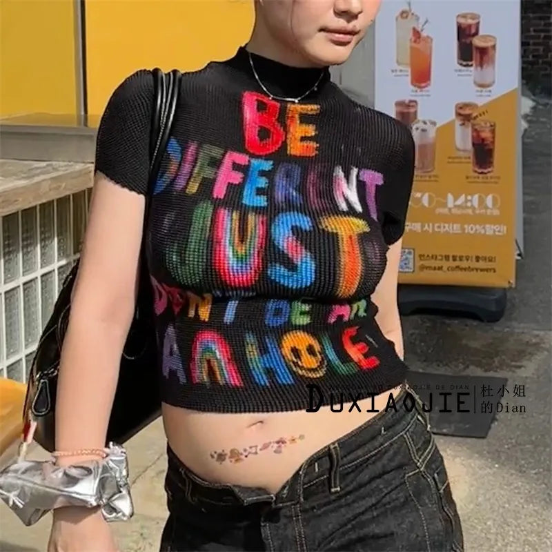 Women's T-shirt Harajuku Korean Y2k Graphic Print Short Sleeve Tee Top Clothes Fashion Vintage Streetwear Elastic T-shirt 2025