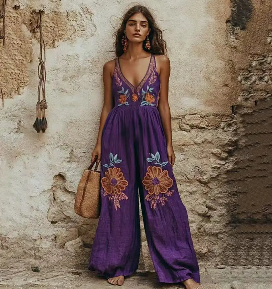 Casual Printed Loose Vneck Sleeveless Wide Leg Jumpsuit for Women