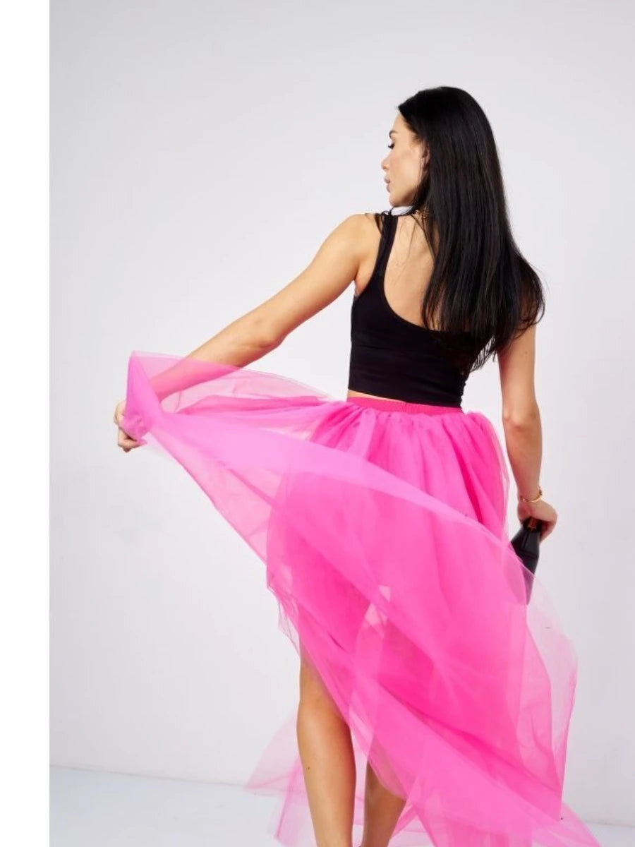 MisShow Hi-Lo Tulle Petticoat Women's Long Four Layer Puffy Skirt Fuchsia Tutu Skirts Adult Junpon Goth For Party Cocktail