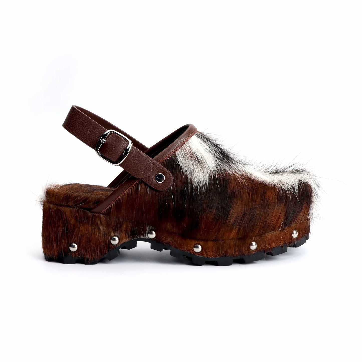 Women's Platform Fur Clogs with Arch Support, Adjustable Strap, Natural Calf Hair Mules,Studded Cowboy Style Vintage Sandals