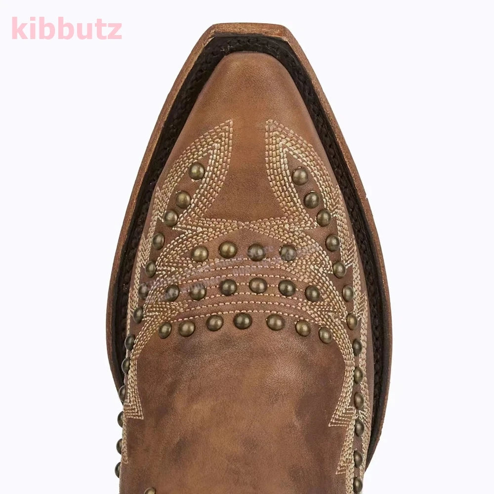 Rivet Cowboy Vintage Boots Over The Knee High Embroidery Lace-Up Luxury Leather Pointed Toe Chunky Heels Fashion Concise Shoes