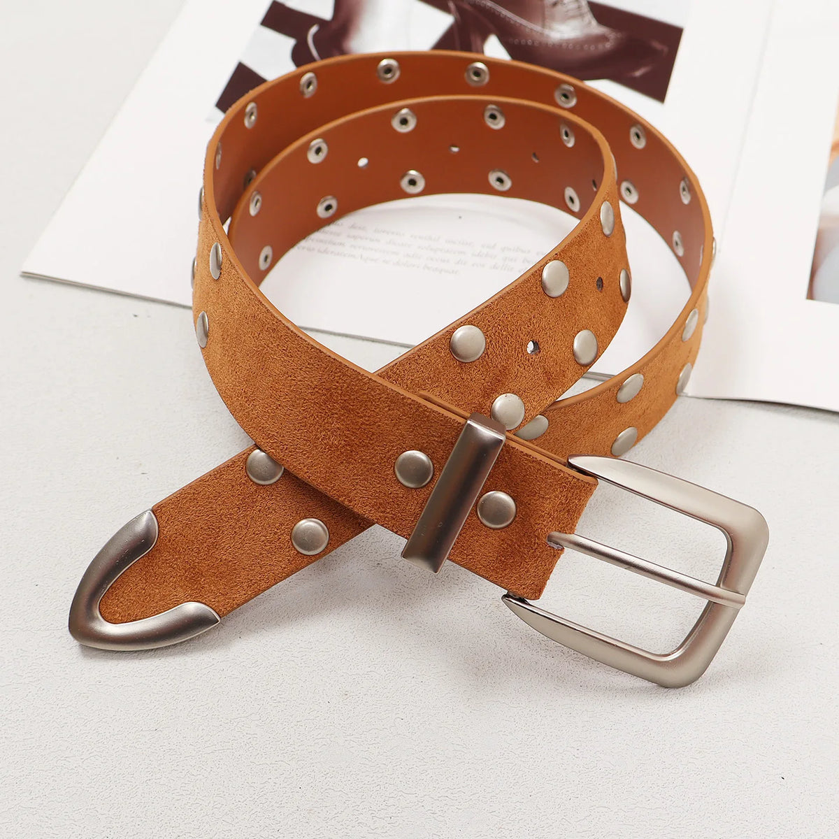 Retro Solid Color Suede Rivet Waist Belt for Women