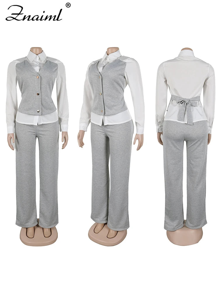 Znaiml Elegant Office Women's Long Sleeve Patchwork Vest Shirt and Straight Pants Two 2 Piece Sets Work Suits Matching Outfits