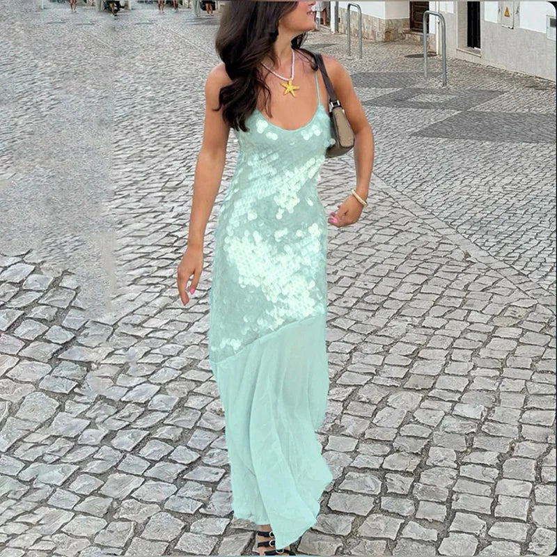 Beach O Neck Pleated Women's Long Dress New Sexy Mermaid Solid Camisole Dress Shiny Sequins Hollowed Out Sleeveless Party Dress