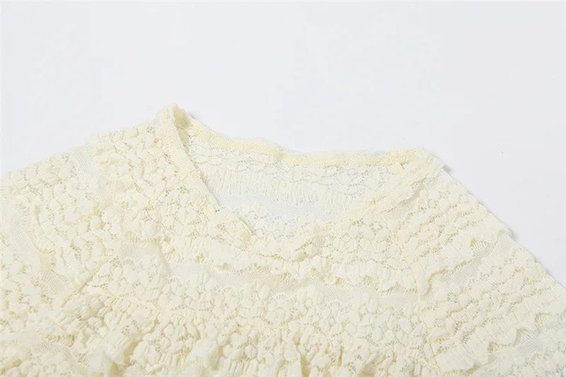 Two Piece Women Crop Top And Mini Skirt Matching Set 2024 New Summer Fashion Sexy White Lace Ruffle Ruched Skirts Outfits