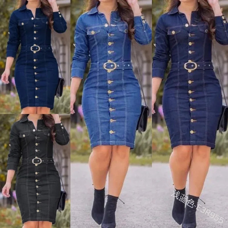 Women Denim Mini Dress Long Sleeve Single Breasted High Waist Slim Sexy Bodycon Dress with Belt