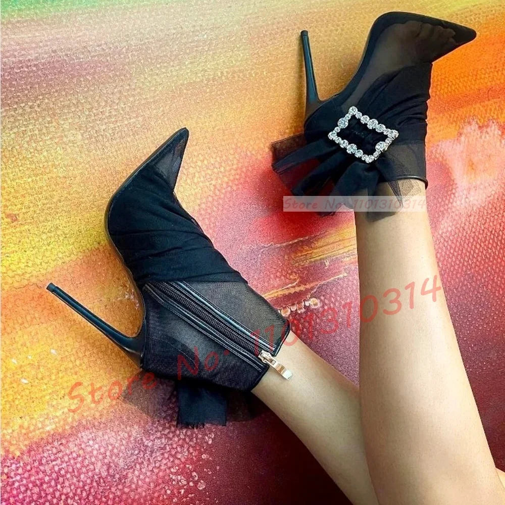 See Through Mesh Crystal Buckle Ankle Booties for Women