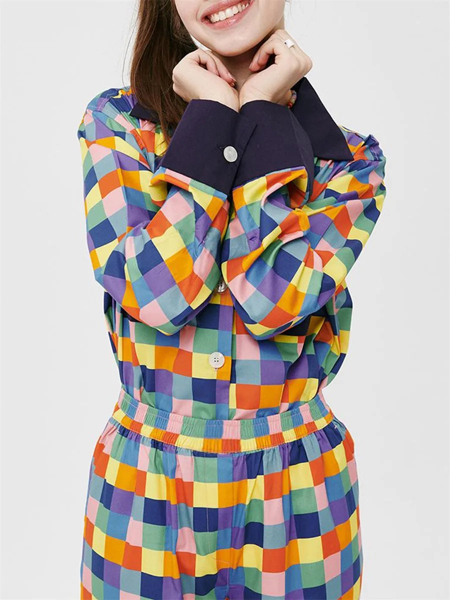 Women 2 Piece Pajamas Set Colorful Plaid Print Long Sleeve Button up Shirt and Elastic Pants for Loungewear Soft Sleepwear Pjs