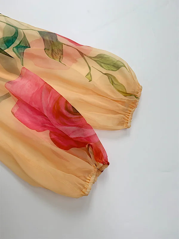 Gymystars Woman Beach Dress Elegant Party Dresses Summer Fashion Puff Sleeves Flower Print See-Through Chiffon Bohemian Dress