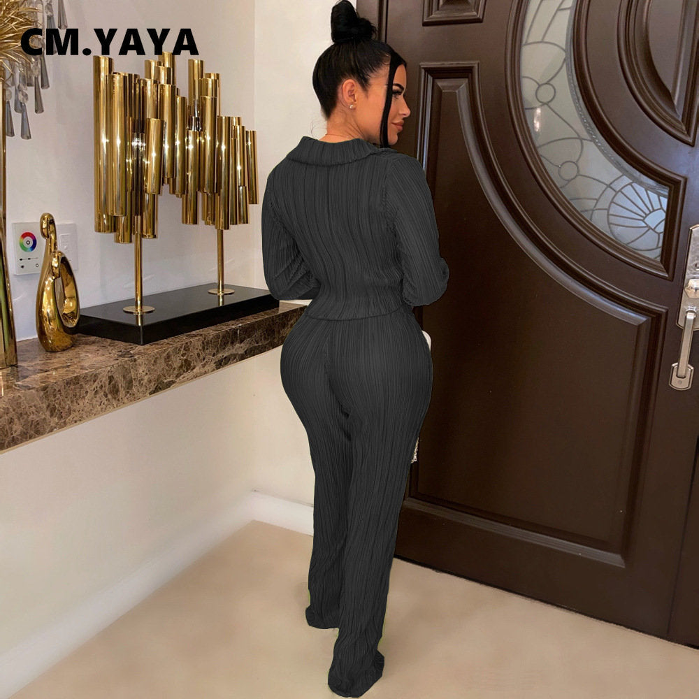 CM.YAYA Street Pleated Women's Set Long Sleeve Mini Blouse Shirt and Straight Pants Suit 2023 Two 2 Piece Set Outfits Tracksuit