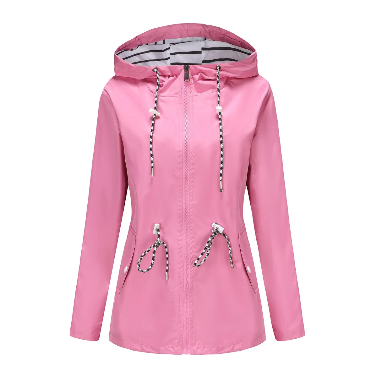 Women Outdoor Windbreaker Casual Loose Hooded Waterproof Raincoat Long Sleeve Solid Color Mid-length Zipper Hiking Jackets