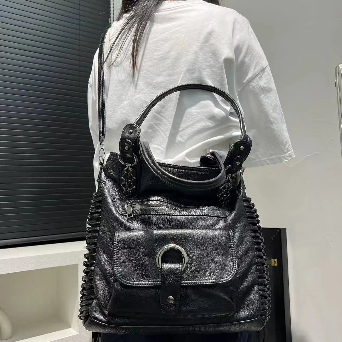 Distressed Vegan Leather Shoulder Tote Bag for Women