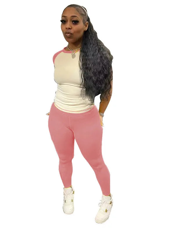 FAGADOER Casual Sporty 2 Pieces Set for Woman Color Block Short Sleeve T Shirts + Leggings Pants Tracksuits Female Clothing New