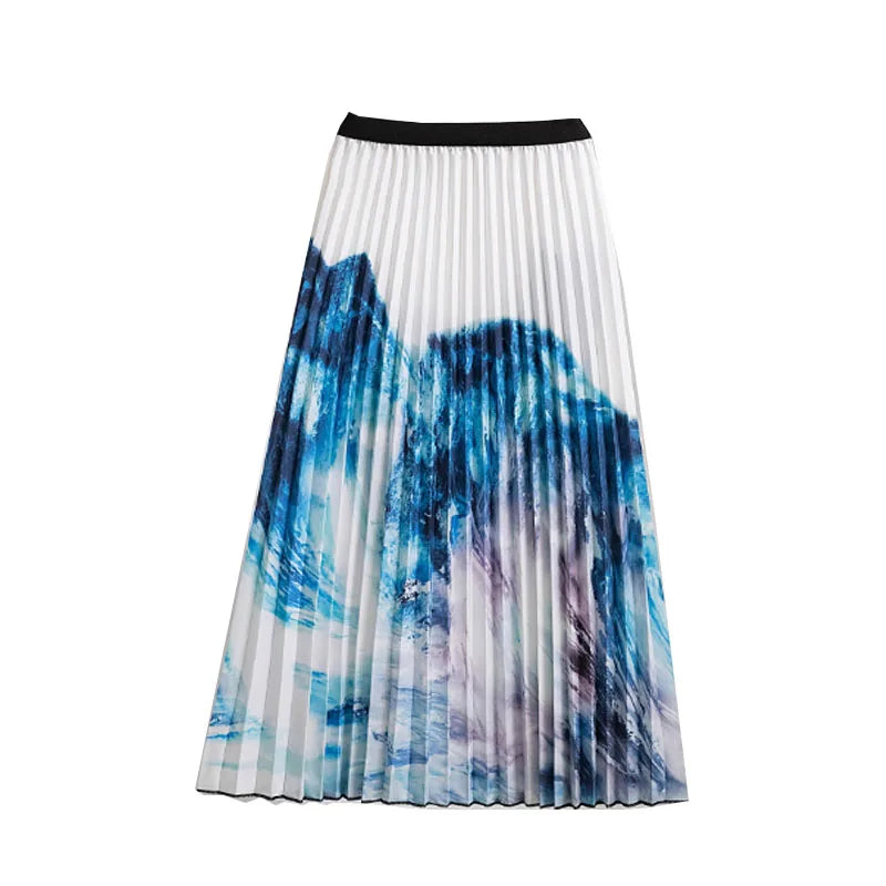 Casual Floral Midi Pleated Skirt For Women Fashion Printed Flower A Line Elastic High Waist Mid-length Skirt Female Ladies falda