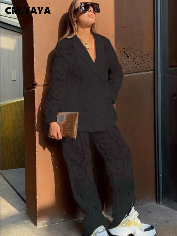 CM.YAYA Vintage Women Lace See Though Long Sleeve Blazer Suit and Wide Leg Straight Pants Set 2023 Two 2 Piece Set Outfits