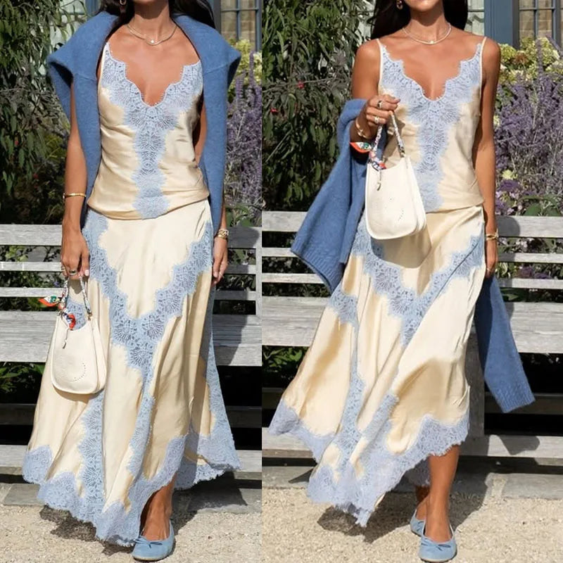 Lace Patchwork Slim Fit Two Piece Set Sexy Lady V Neck Sling Top and Long Skirt Suit Fashion Hollow Out Sleeveless Summer Outfit