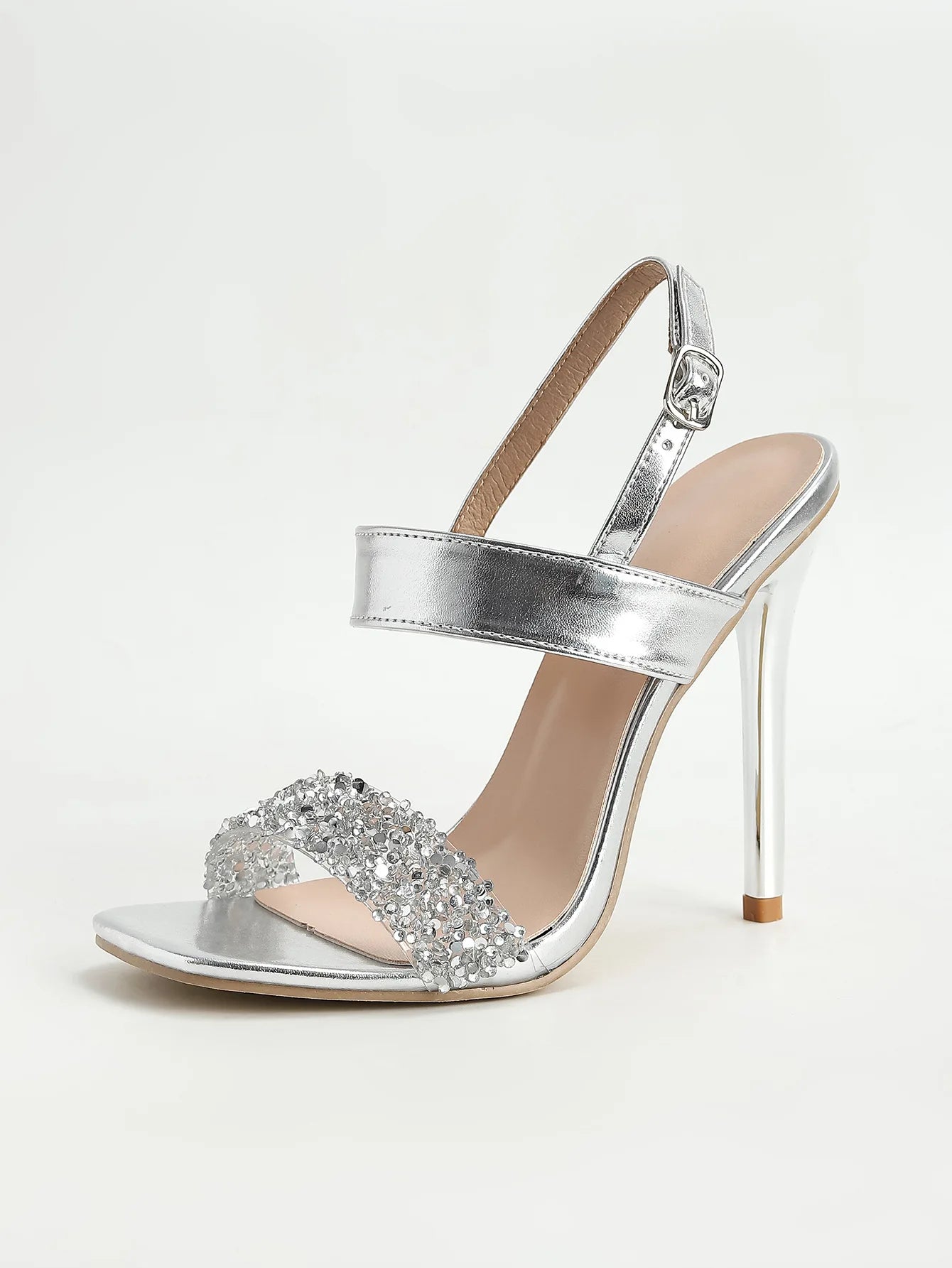 Silver Stiletto Peep Toe Crystal Heels