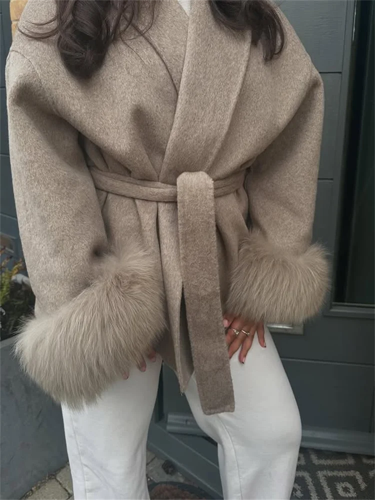 Plush Cuffs Belt Women 's Coats Elegant Lapel Faux Fur Sleeve Twist Open Coat Female 2025 Autumn Winter Fashion Lady Streetwears