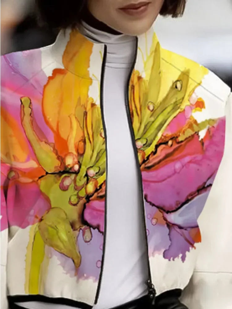 Women's Autumn New Jacket Floral Printed High Neck Puff Sleeves Coat Zippered Half Sleeve Loose Fit Outerwears