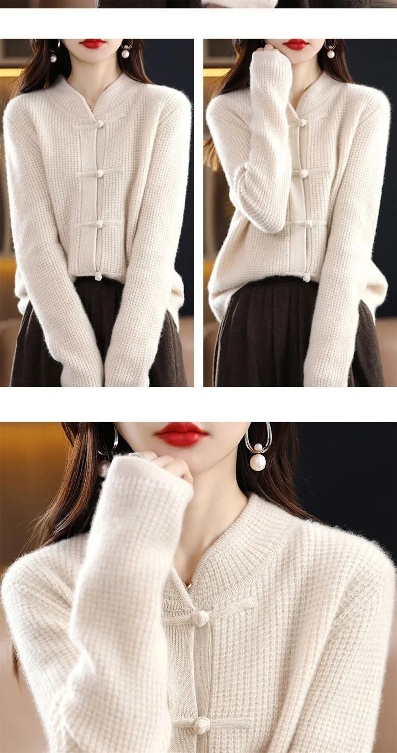 Vintage Knitted Cardigan Women's Thickened Half High Collar frog Loose Slim Sweater Coat Chinese Style Top Autumn And Winter N