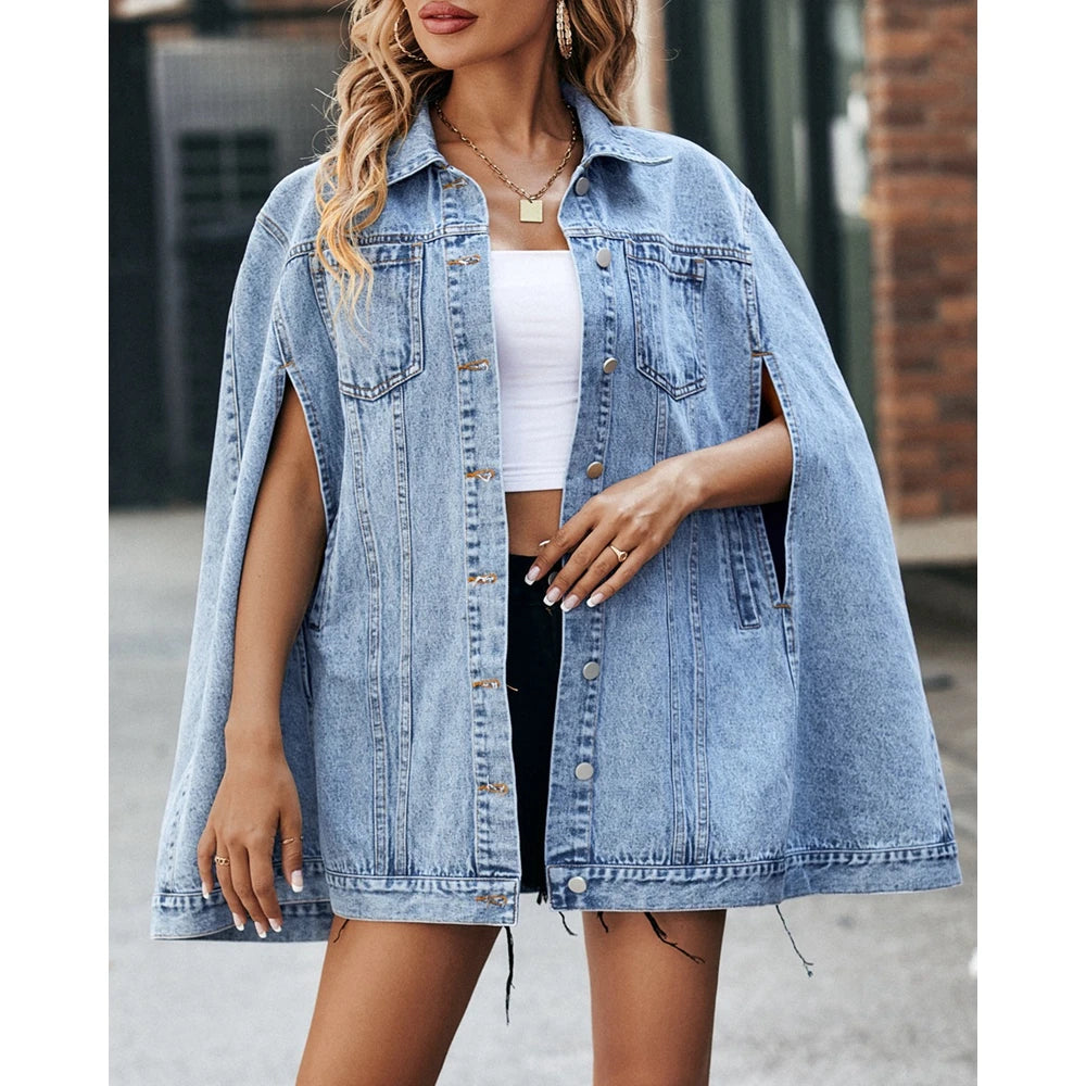 Elegant Women Buttoned Turn-down Collar Denim Coat Femme Fashion Cut Out Sleeveless Pocket Design Loose Jackets Autumn Outfits