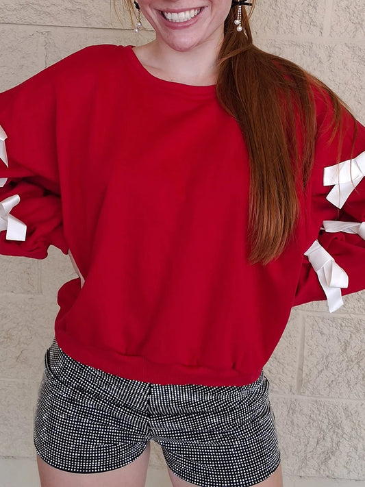 Christmas  Women’s Oversized Bow Decoration Hoodie Sweatshirts Long Sleeve Round Neck Loose Fit Pullover Tops with Bows