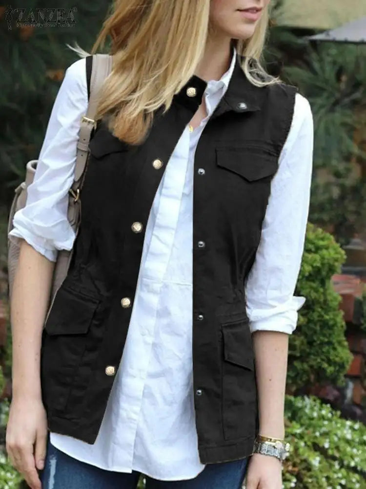 ZANZEA Women Sleeveless Waistcoat Korean Fashion Stand Collar Vest Casual Pockets Solid Tank Outwear 2024 Summer Waist Overalls