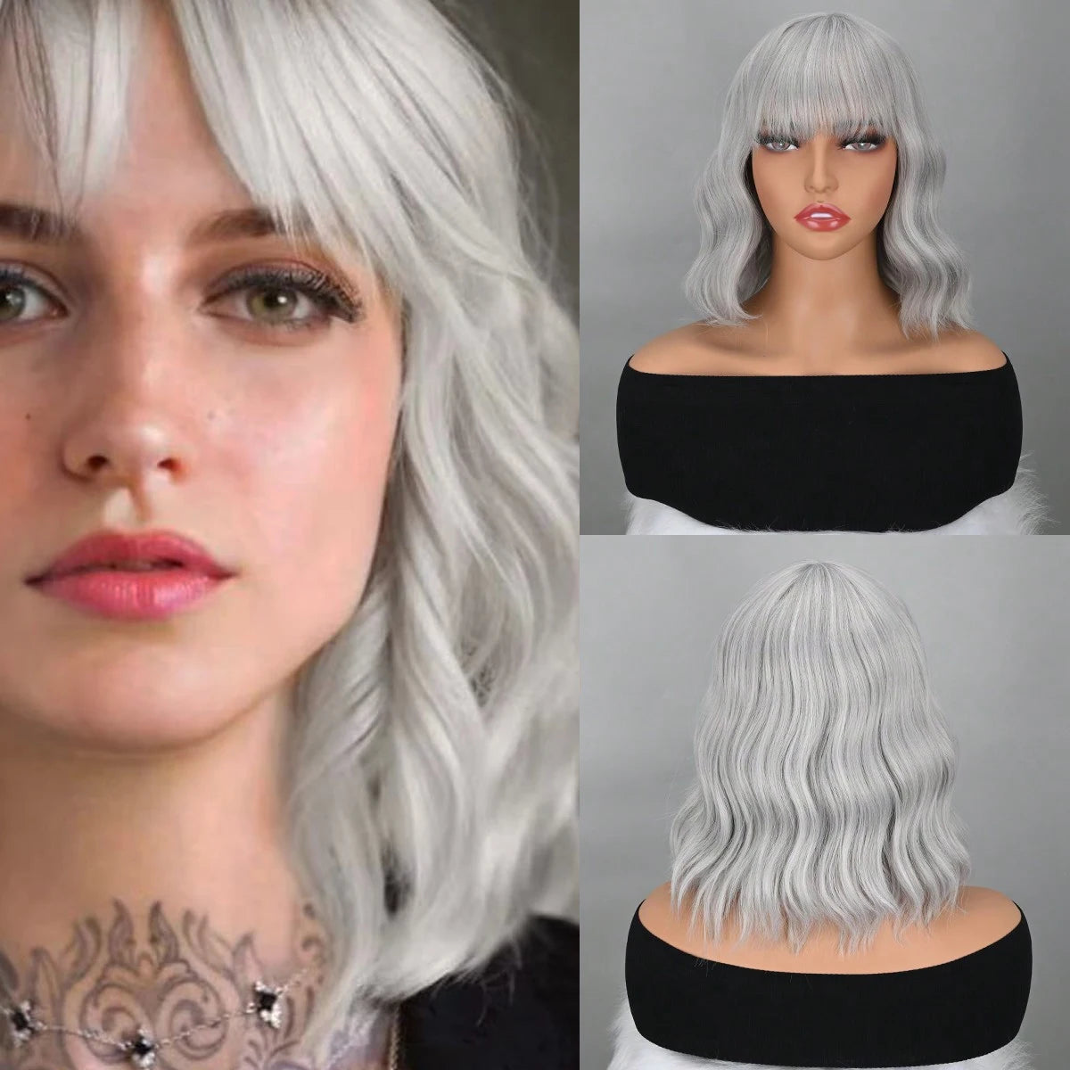 Natural Brown Synthetic Curly Wavy Bob Wig With Bangs For Women