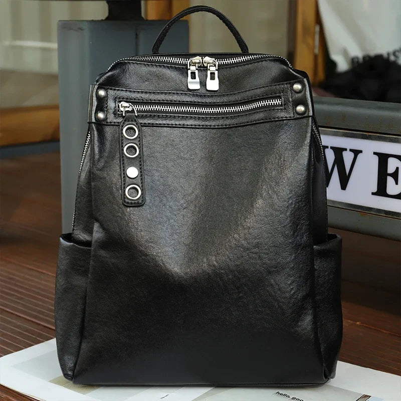 Women's Natural Cow Leather Backpacks Lady Cowhide Design Large Capacity Bags Female Retro Fashion Versatile Backpacks Ladies