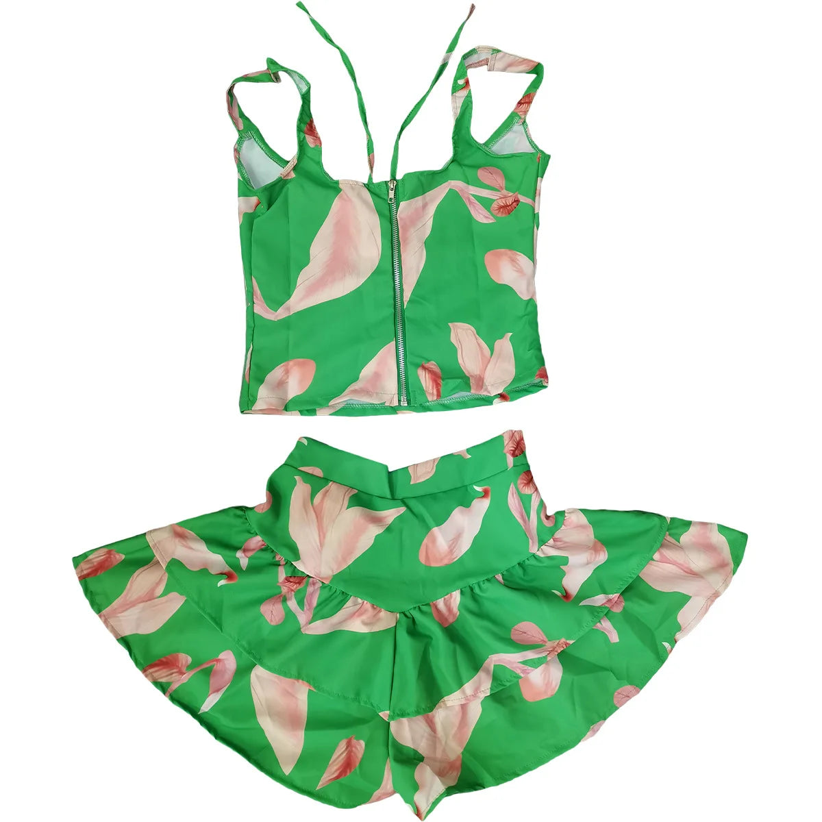 CM.YAYA Elegant Beach Printed Women's Set 2022 Summer Sleeveless Ruffles Hem Tank Crop Tops Shorts Matching Two 2 Piece Set