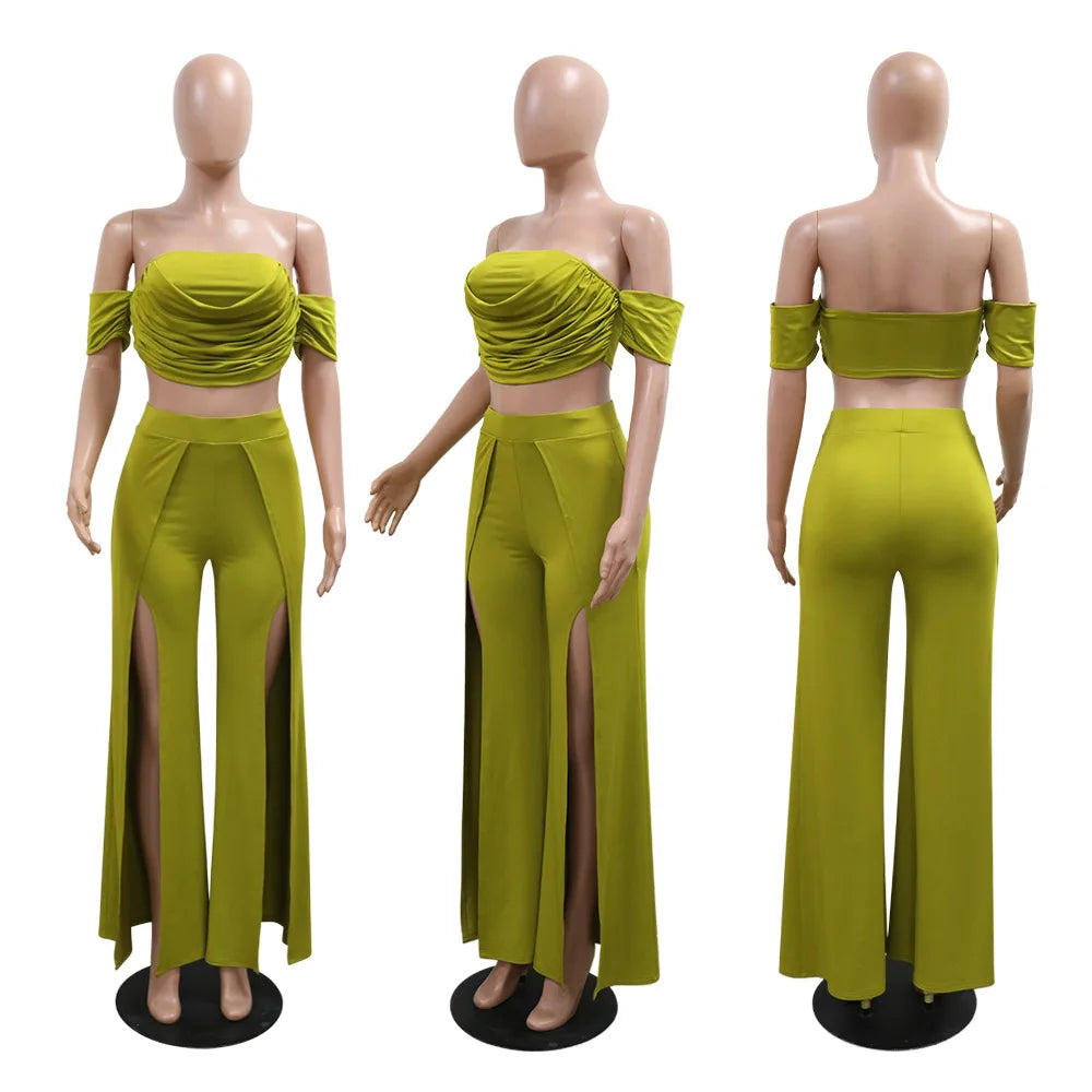 CM.YAYA Women's Set Short Sleeve Slash Neck Ruched Tops and Wide Leg split Pants 2024 Street Two 2 Piece Sets Outfit Tracksuits