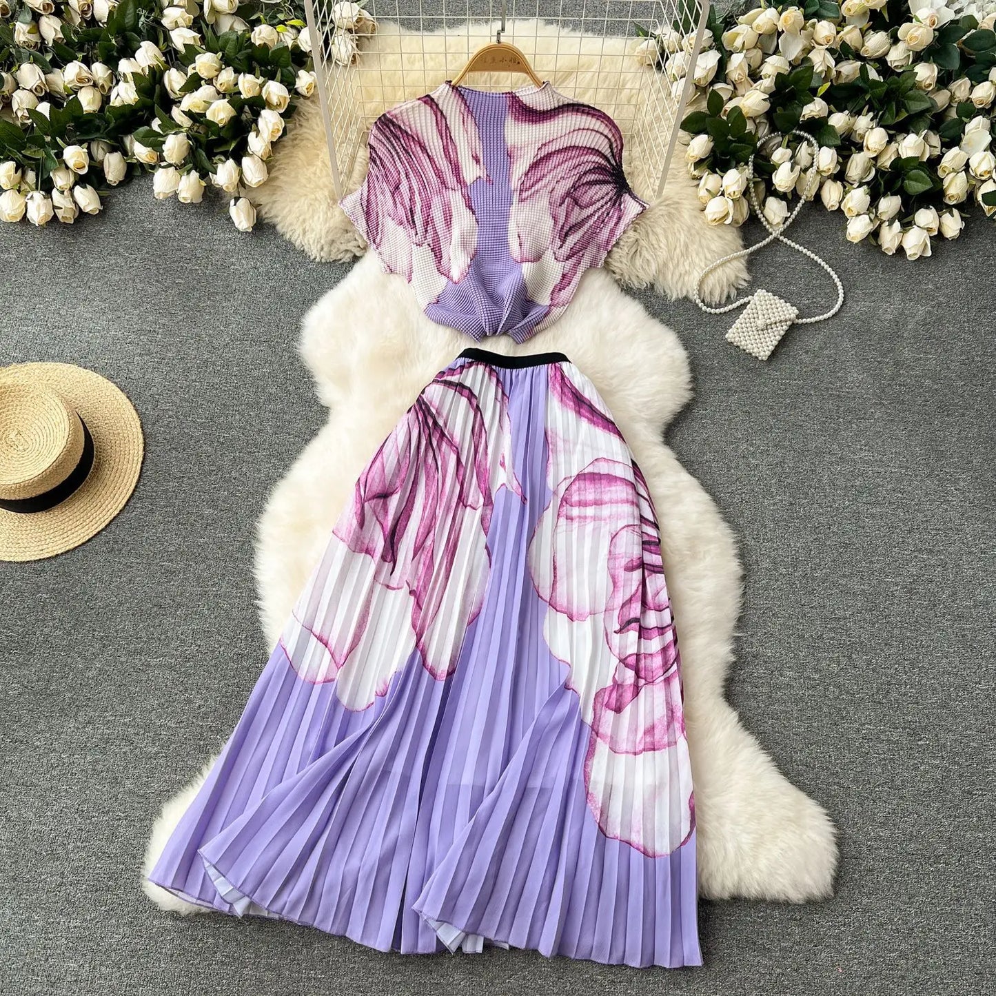 Summer Contrast Color Miyake 2 Pieces Set Women's Short Sleeve High Stretch Pullover Shirt Top+Long Pleated Chiffon Skirt Suit