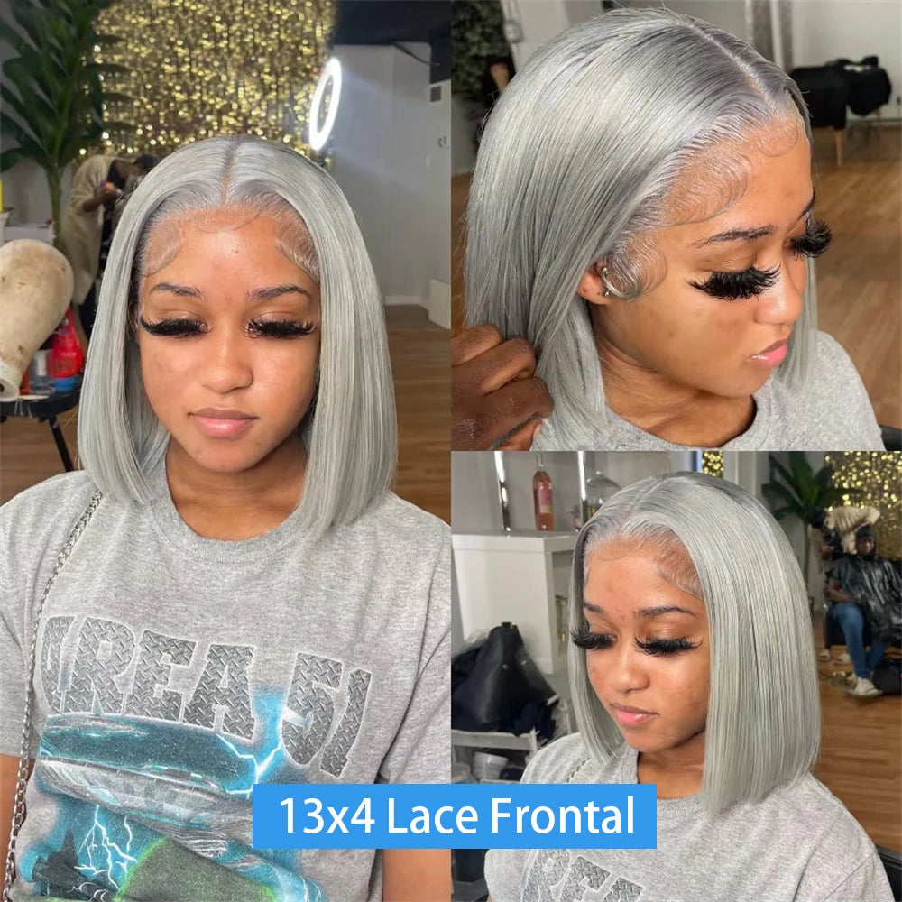Silver Grey Straight Bob Human Hair Wigs Gray 13x4 Transparent Lace Front Short Bob Short Wigs Human Hair For Women Preplucked