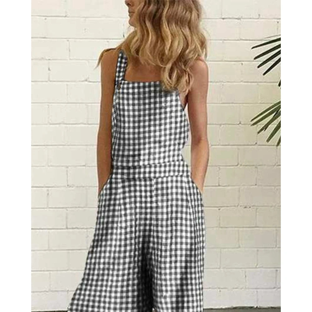 Women All Over Plaid Print Suspender Jumpsuit Summer Buttoned Wide Leg Elegant Jumpsuit Casual One Piece Party Overalls Clothing