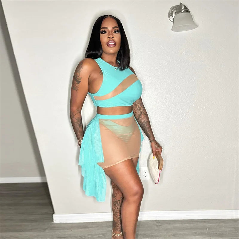 Sexy Mesh See-through Patchwork 2 Piece Sets Women Outfit Festival Clothing Tank Crop Top and Mini Skirt Set Night Club Outfits