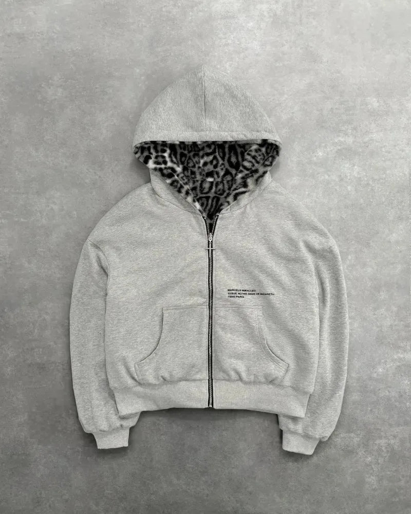 American Fashion Reversible Faux Fur Leopard Zipper Hoodie Mens Womens Oversized Sweatshirt Leopard Print Mink Fur Lining Y2K