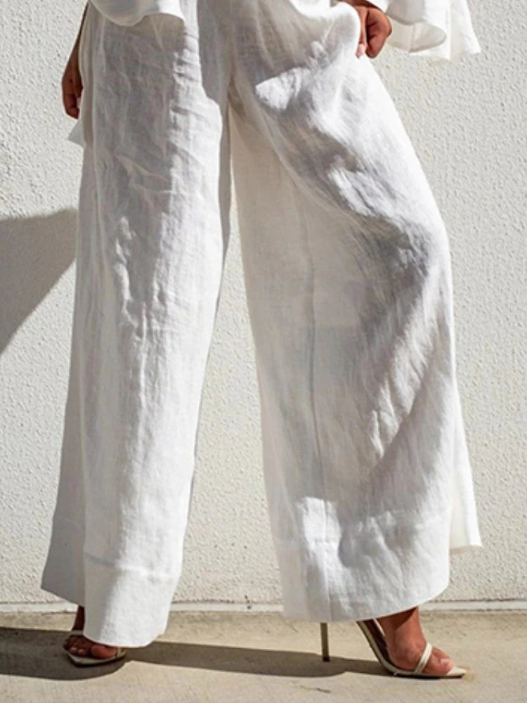 Beautyblue Casual Daily Pants Women Loose Wide Leg Pants 2025 Summer Solid Color Vacation High Waisted Elasticity White Trousers