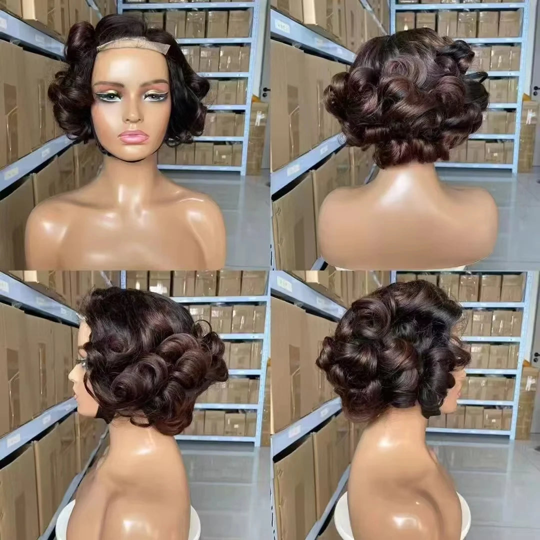 100% Raw Indian Virgin Hair Bouncy Wave 4x4 HD Lace Closure Wigs Wear and Go Ombre Chocolate brown #4 Bouncy Curly Glueless Wigs