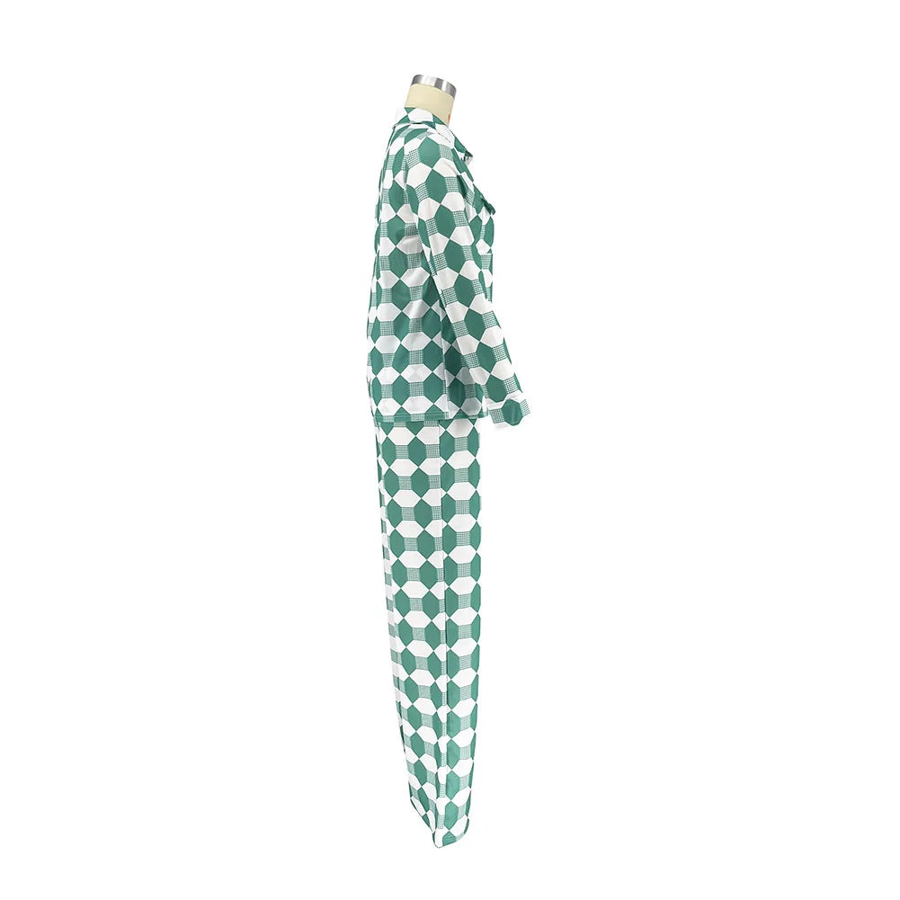 Two Pieces Shirt Sets Women Casual Matching Suits Geometric Print Loose Long Sleeves Wide Leg Pants Elegant Office Lady Autumn